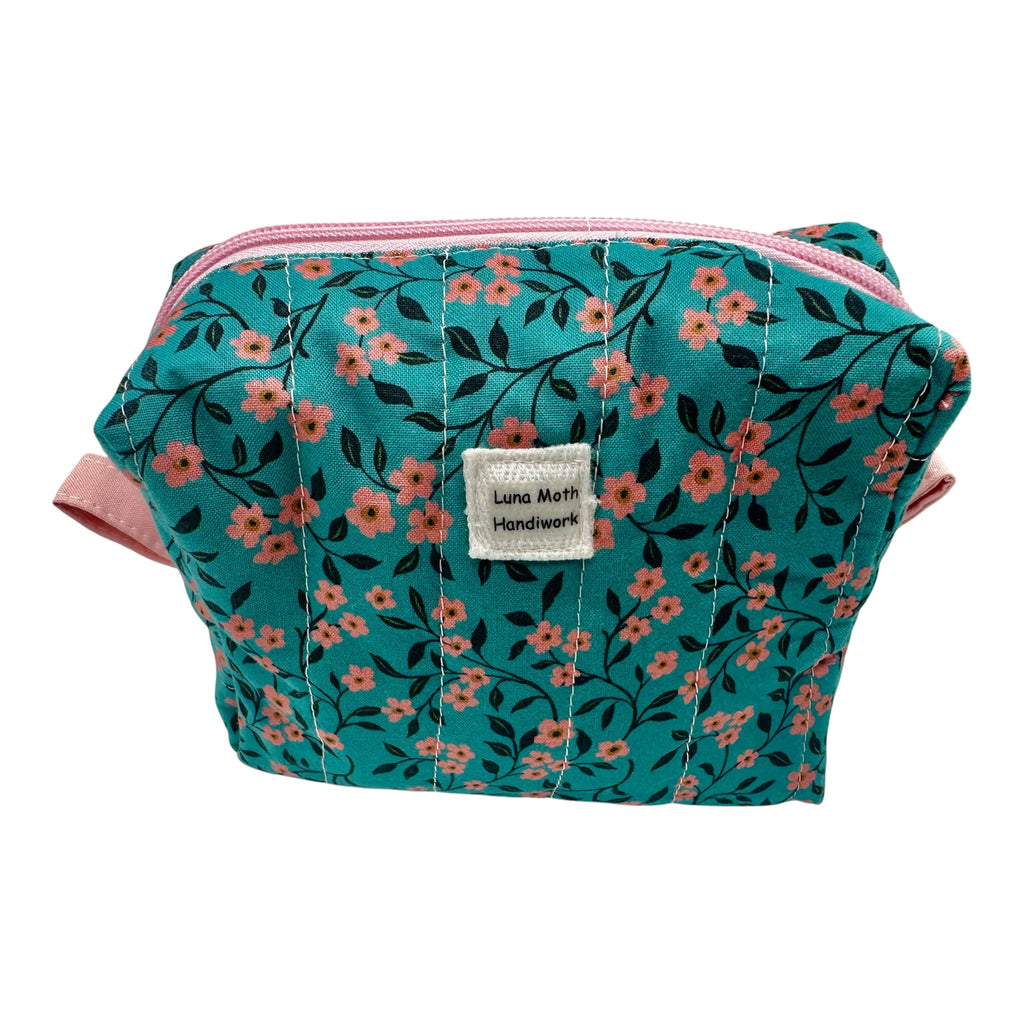 Medium Makeup/Organizer Bag- Teal Floral with Pink Flowers