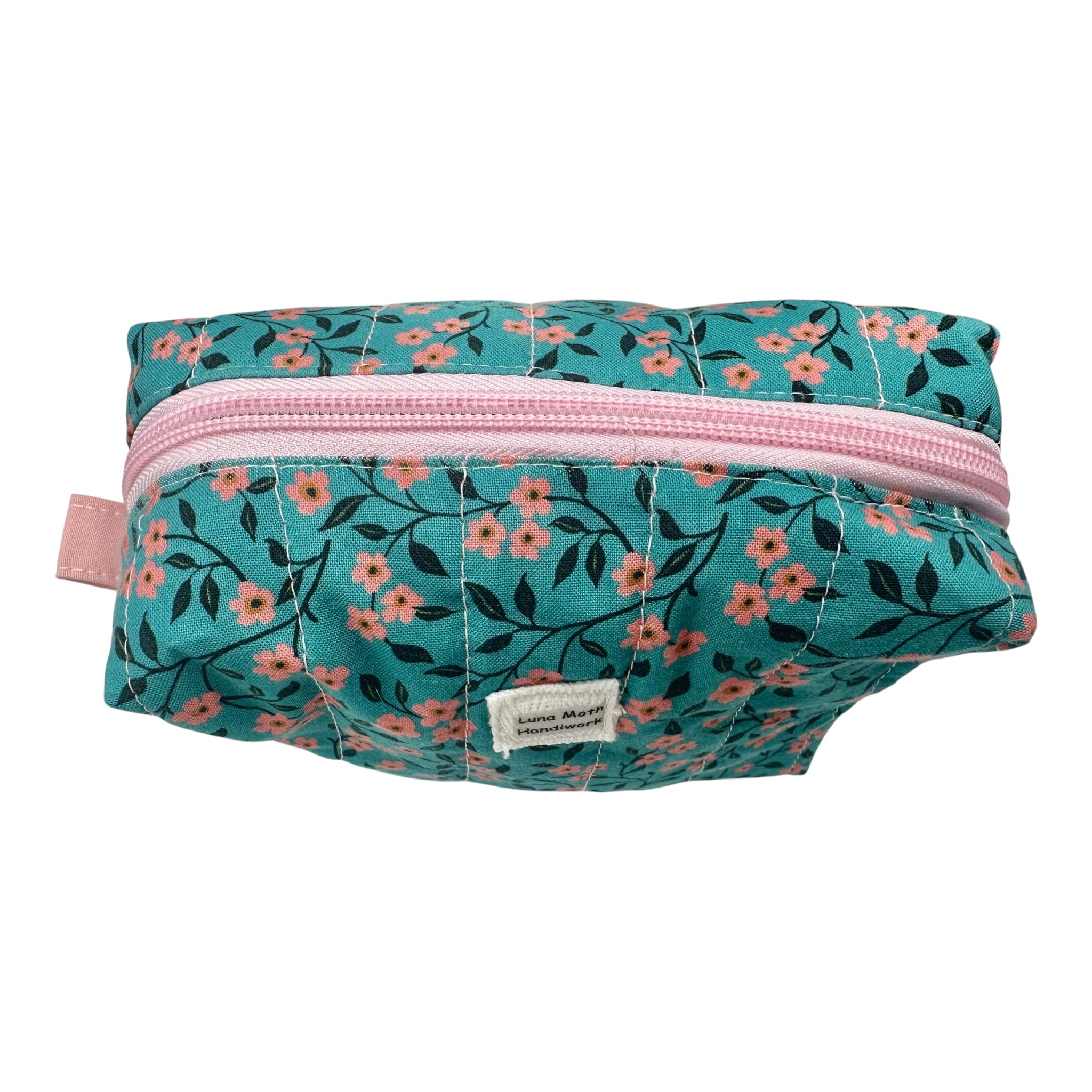 Medium Makeup/Organizer Bag- Teal Floral with Pink Flowers