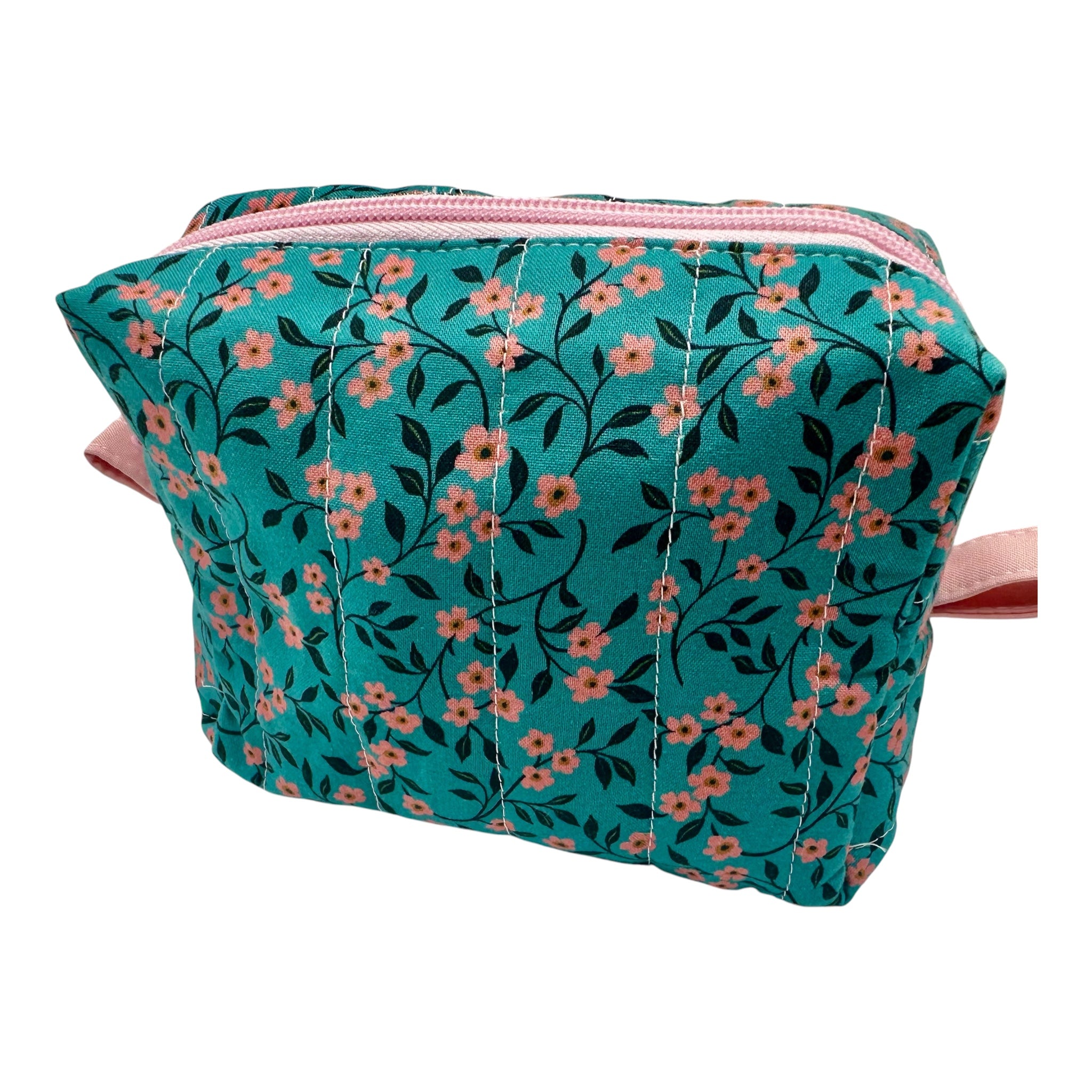 Medium Makeup/Organizer Bag- Teal Floral with Pink Flowers