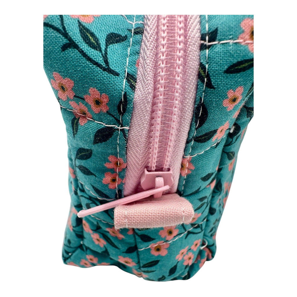 Medium Makeup/Organizer Bag- Teal Floral with Pink Flowers