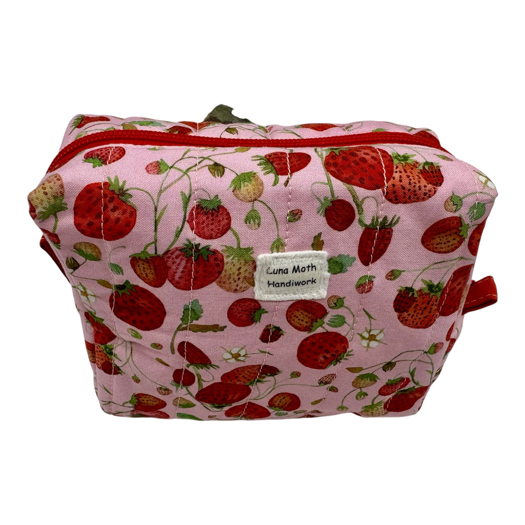 Medium Makeup/Organizer Bag- Floral Pink with Red Strawberries