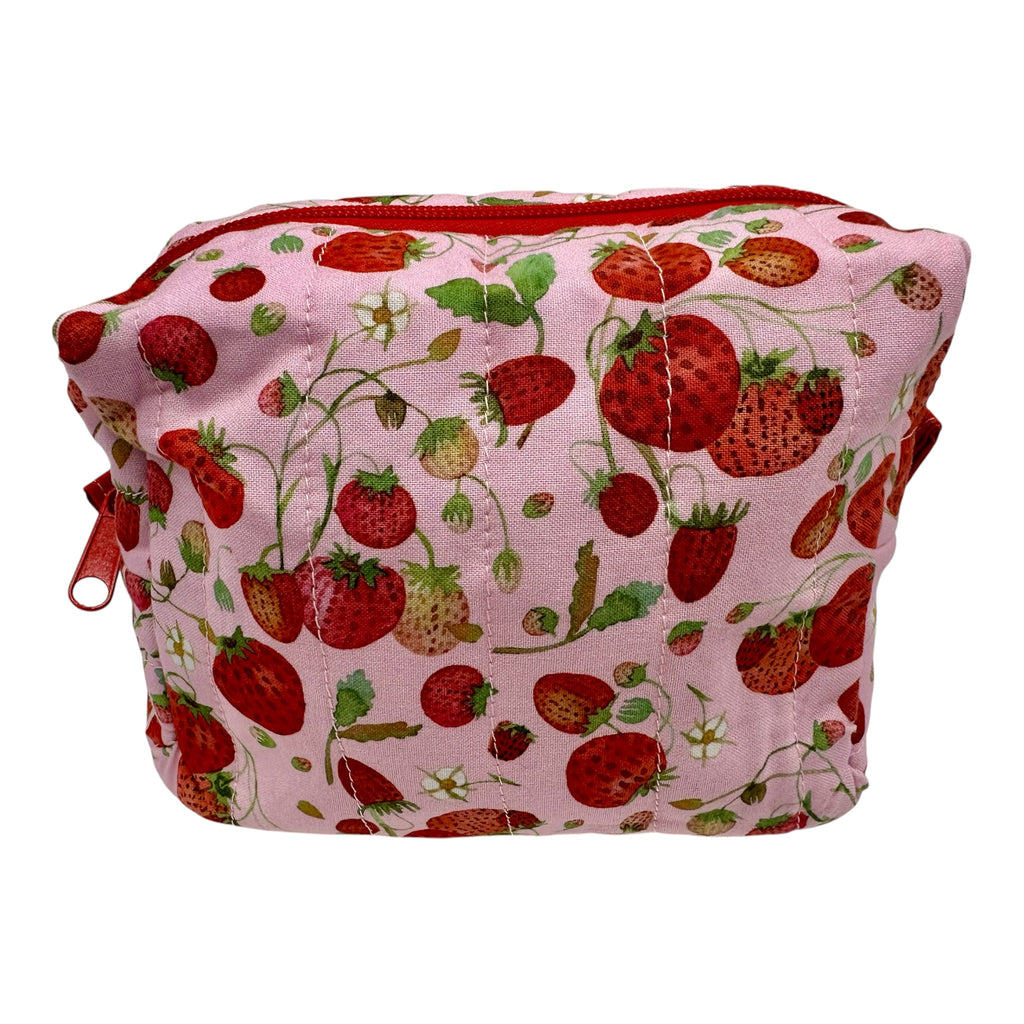 Medium Makeup/Organizer Bag- Floral Pink with Red Strawberries