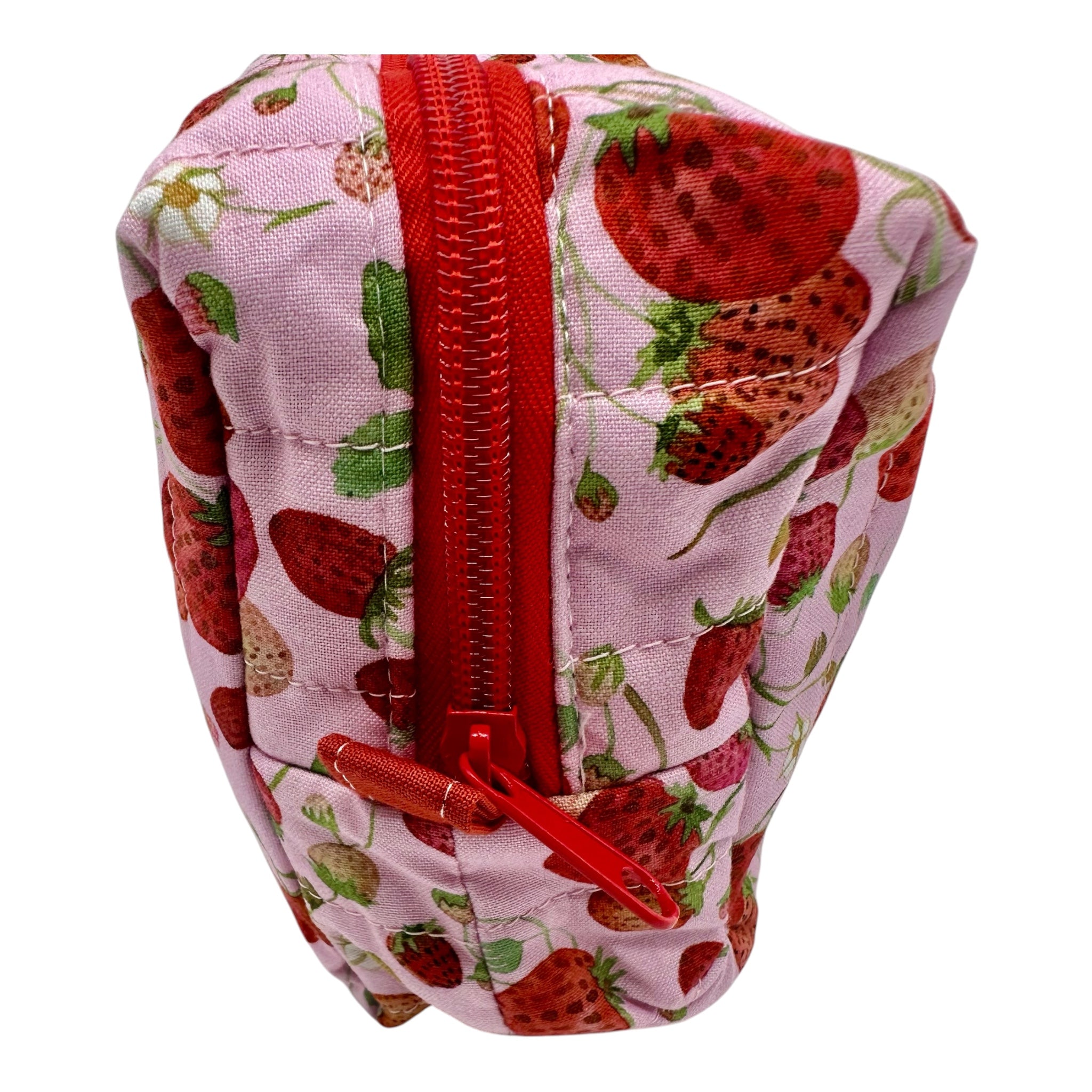 Medium Makeup/Organizer Bag- Floral Pink with Red Strawberries