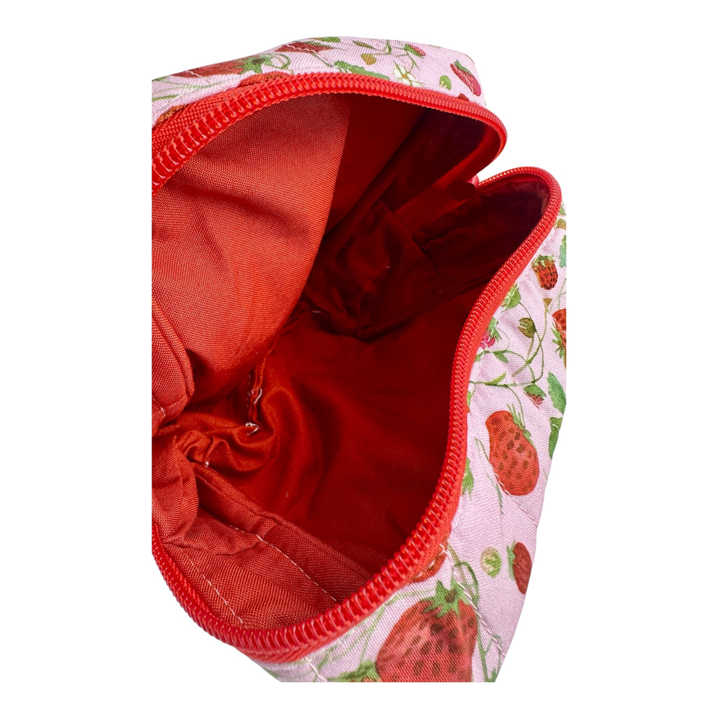 Medium Makeup/Organizer Bag- Floral Pink with Red Strawberries